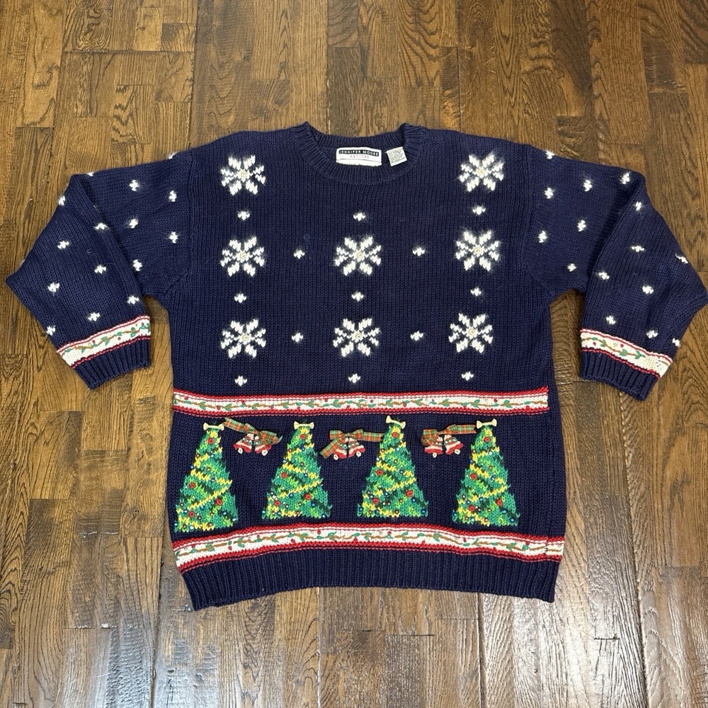 Jennifer Moore Petites Christmas Sweater S Hand Knit Navy Holiday Vintage EUC